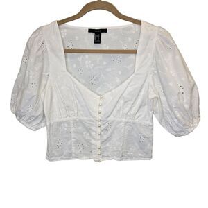 Forever 21 Women's L Cottagecore White Eyelet Puff Sleeve Cotton Top